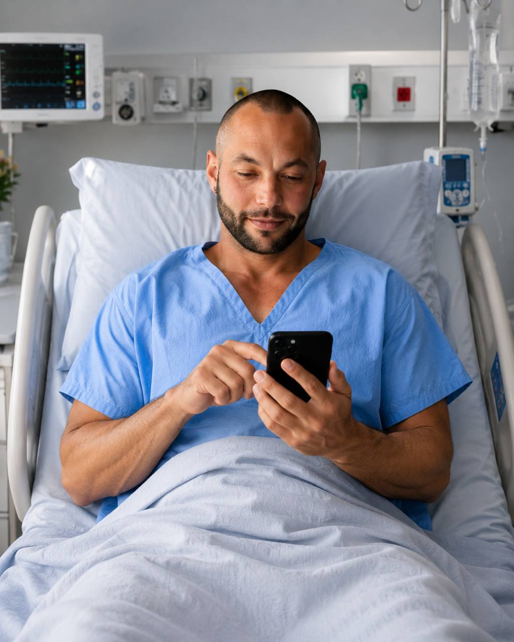 Man in hospital bed using a phone while recovering