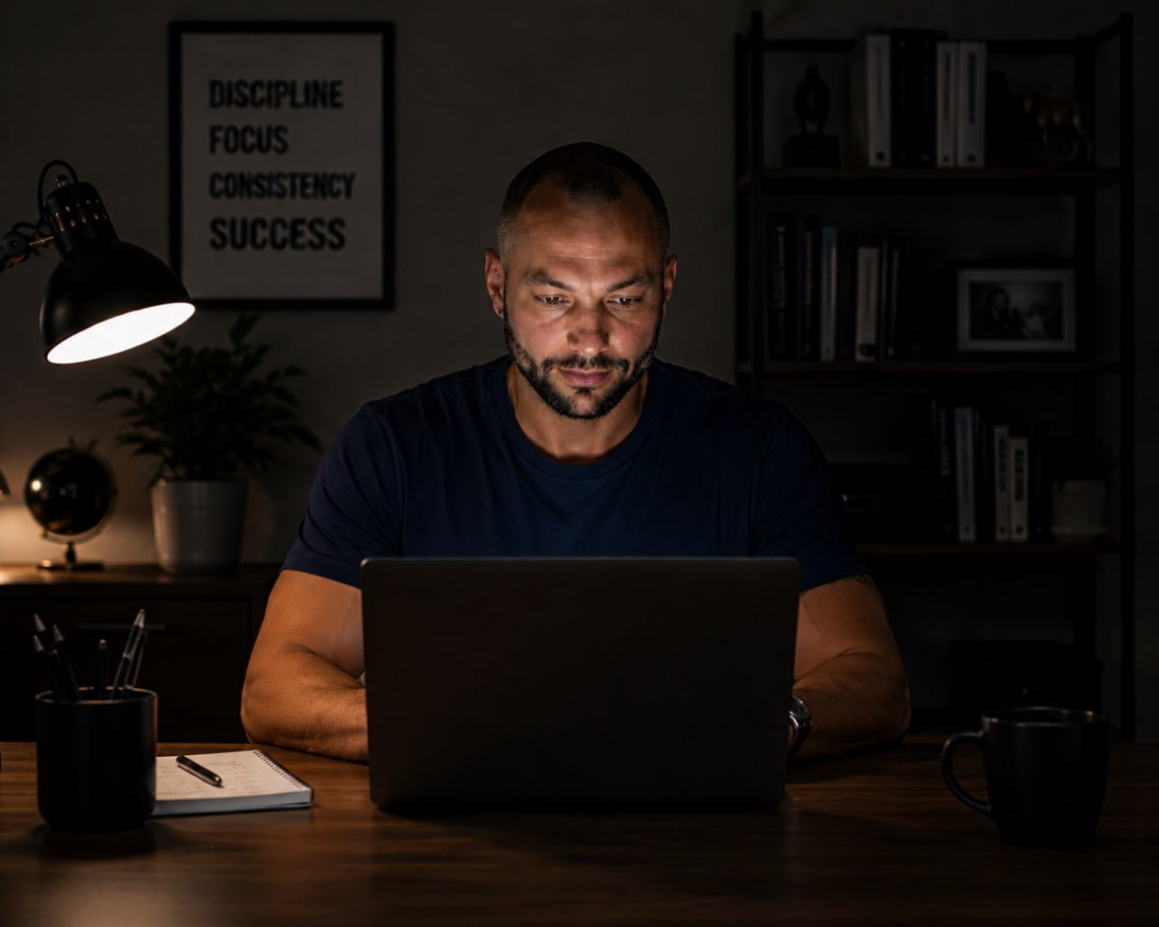 Man working late at a laptop while writing